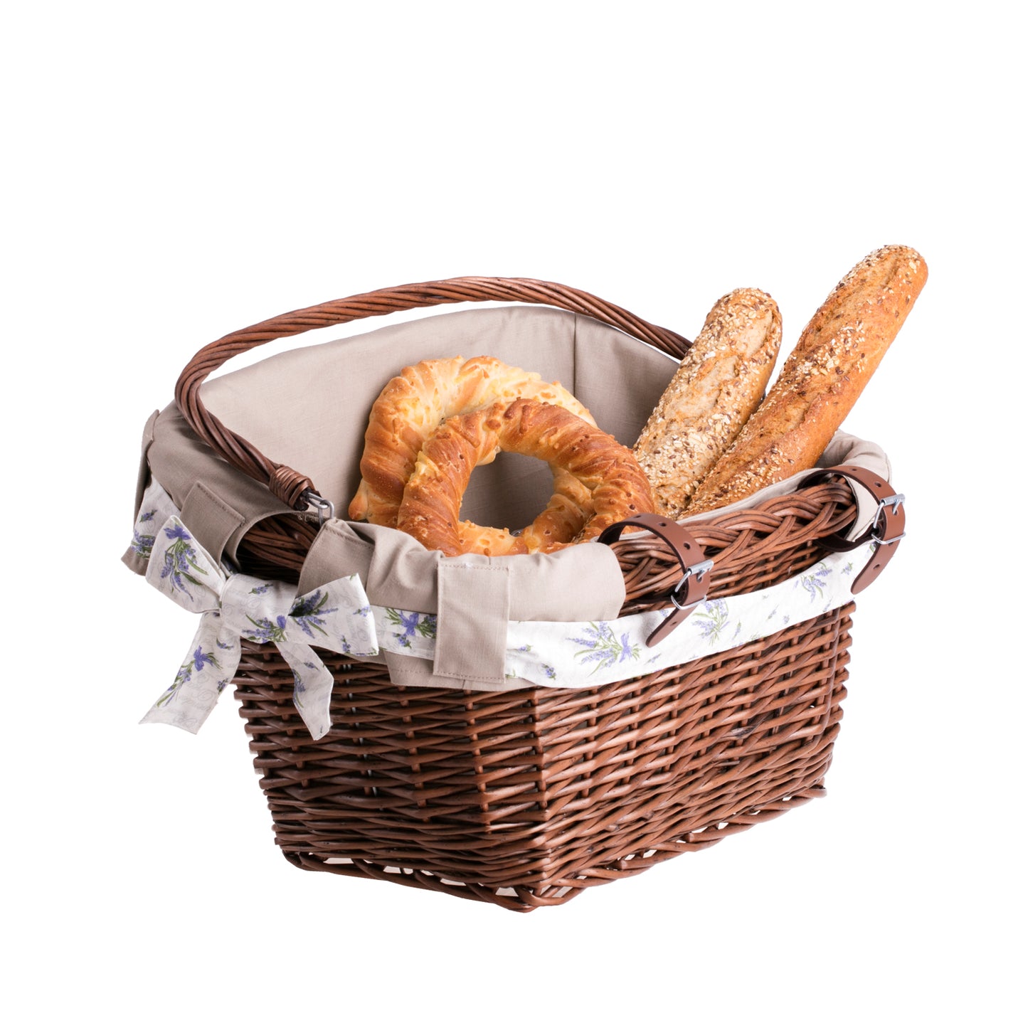 Magnus ψάθινο καλάθι ποδηλάτου για το τιμόνι με μπεζ επένδυση, με χειρολαβή και λουριά TheWickerStories