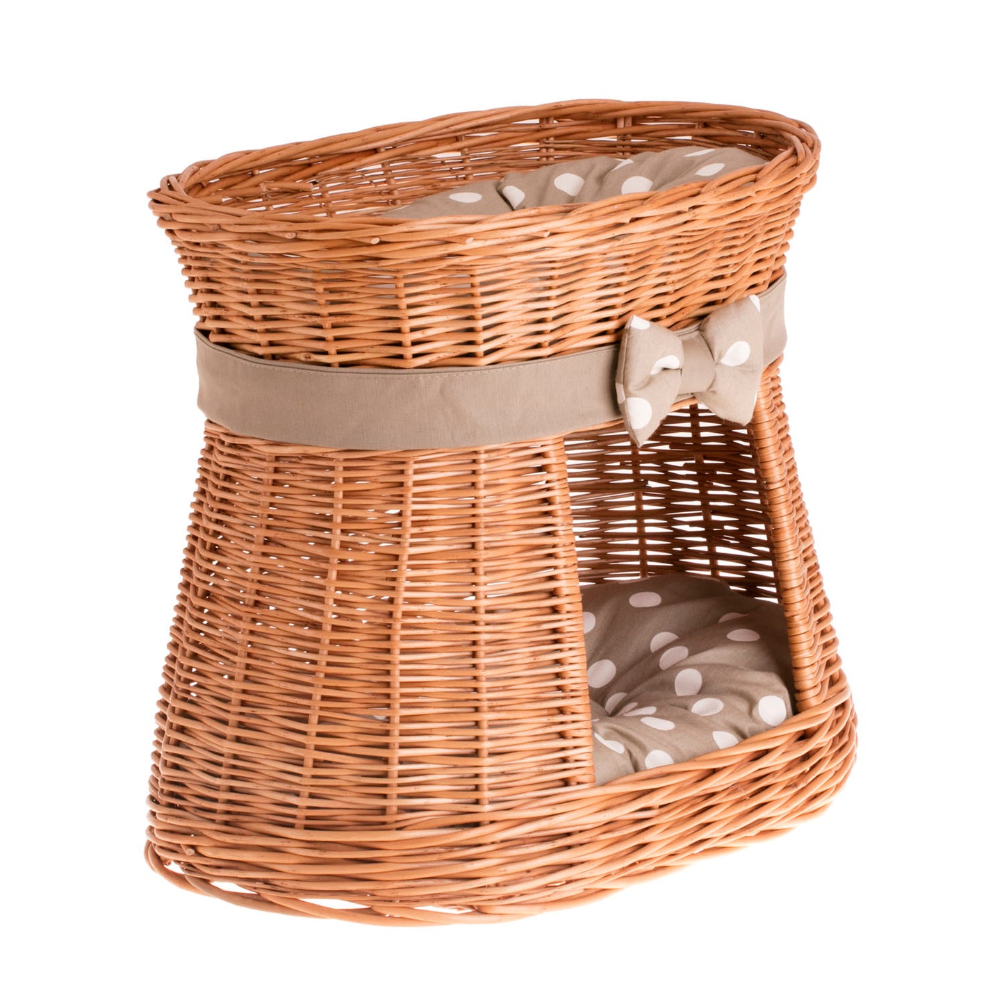 Erif rieten kattenhuis met beige kussens, twee verdiepingen, met strik