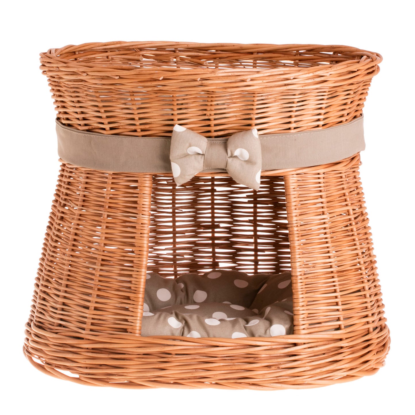 Erif rieten kattenhuis met beige kussens, twee verdiepingen, met strik