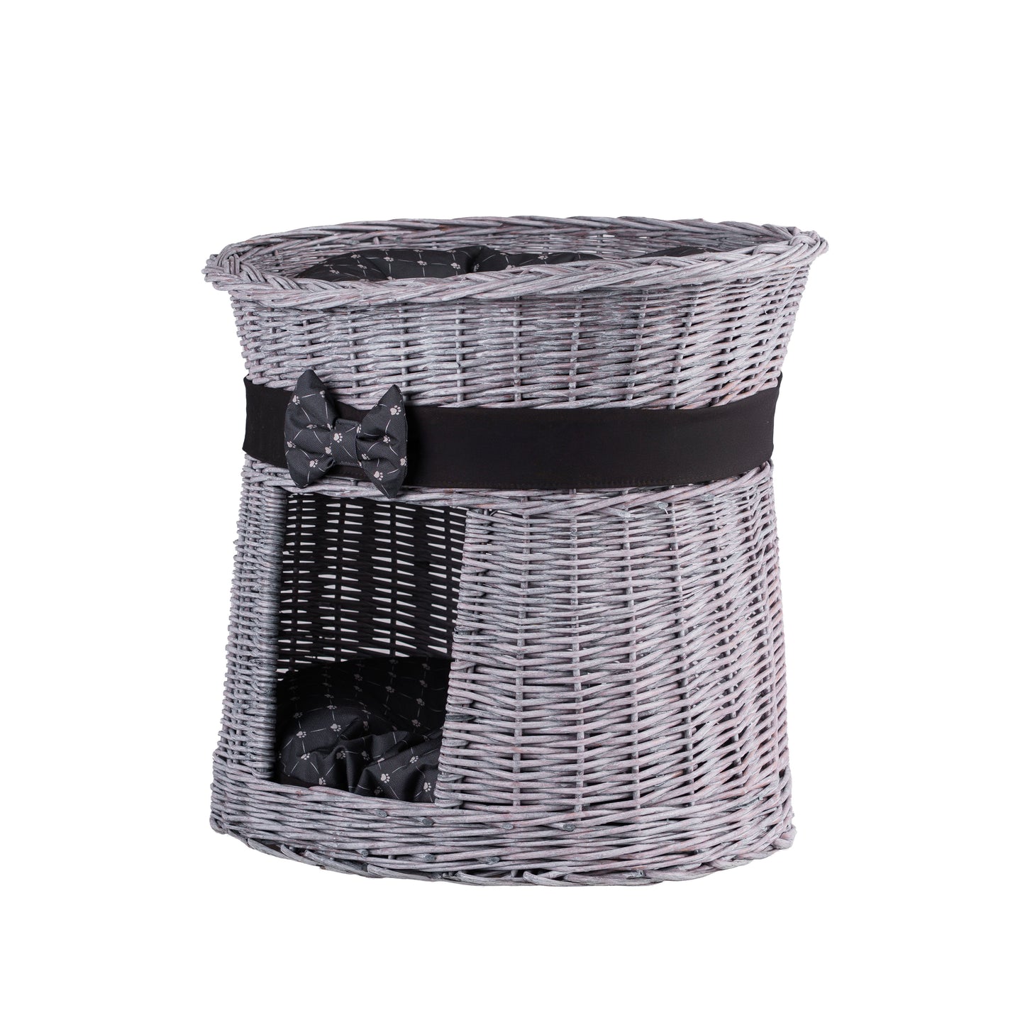 Erif rieten kattenhuis, twee niveaus, met zwarte rand en kussens