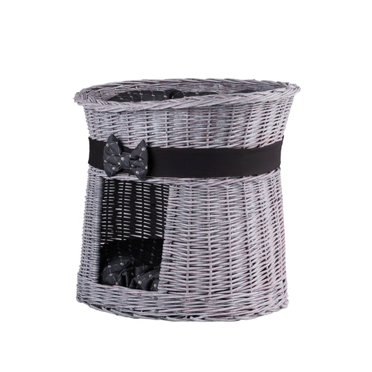 rieten kattenhuis, twee niveaus, met zwarte rand en kussens