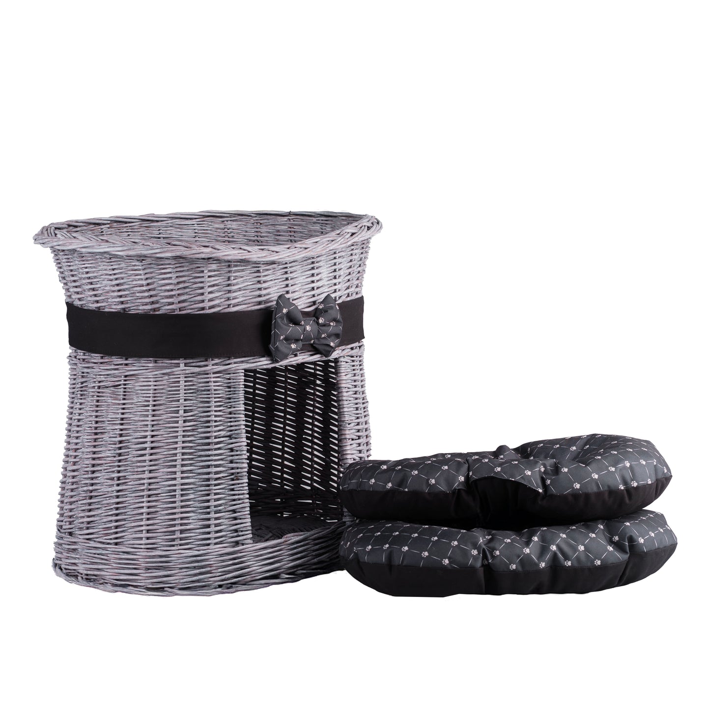 Erif maison en osier pour chat, à deux niveaux, avec bordure noire et coussins TheWickerStories