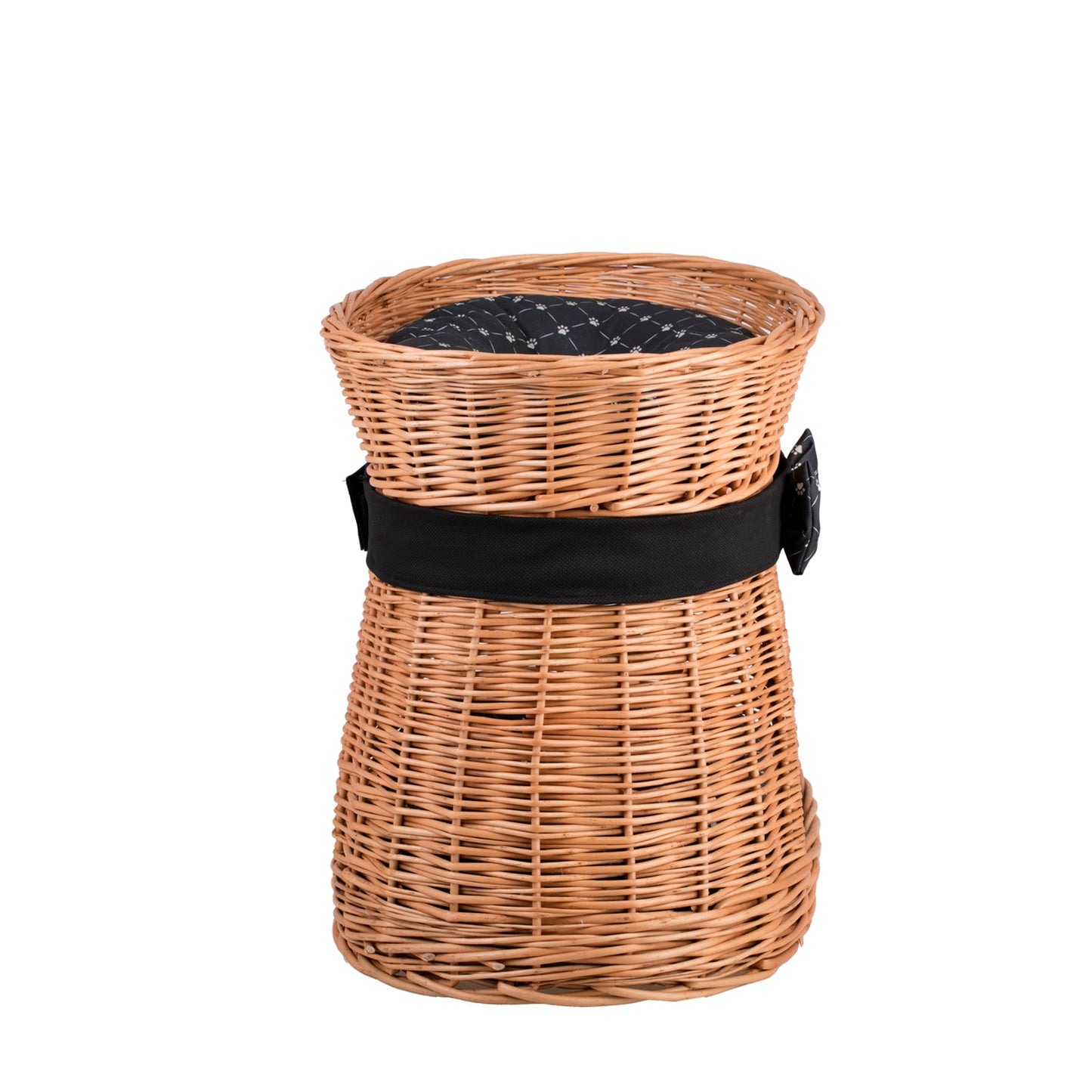 Erif tweelaags rieten kattenhuis met zwarte kussens en strik