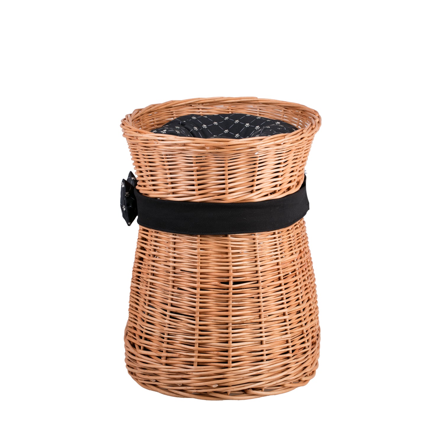 Erif tweelaags rieten kattenhuis met zwarte kussens en strik