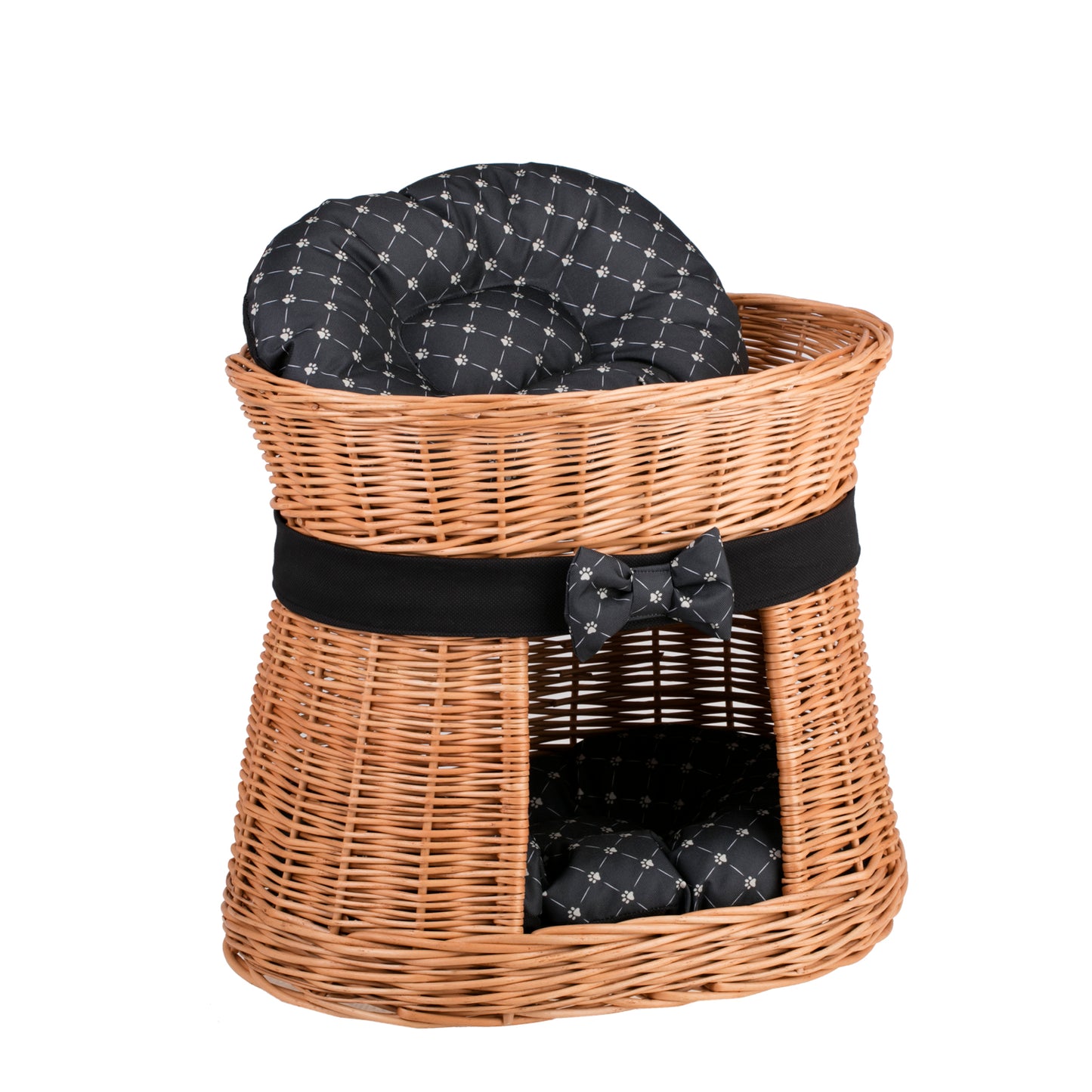 Erif two-level wicker cat house with black cushions and bow TheWickerStories