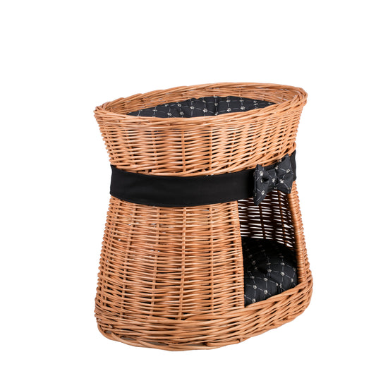 Erif two-level wicker cat house with black cushions and bow TheWickerStories
