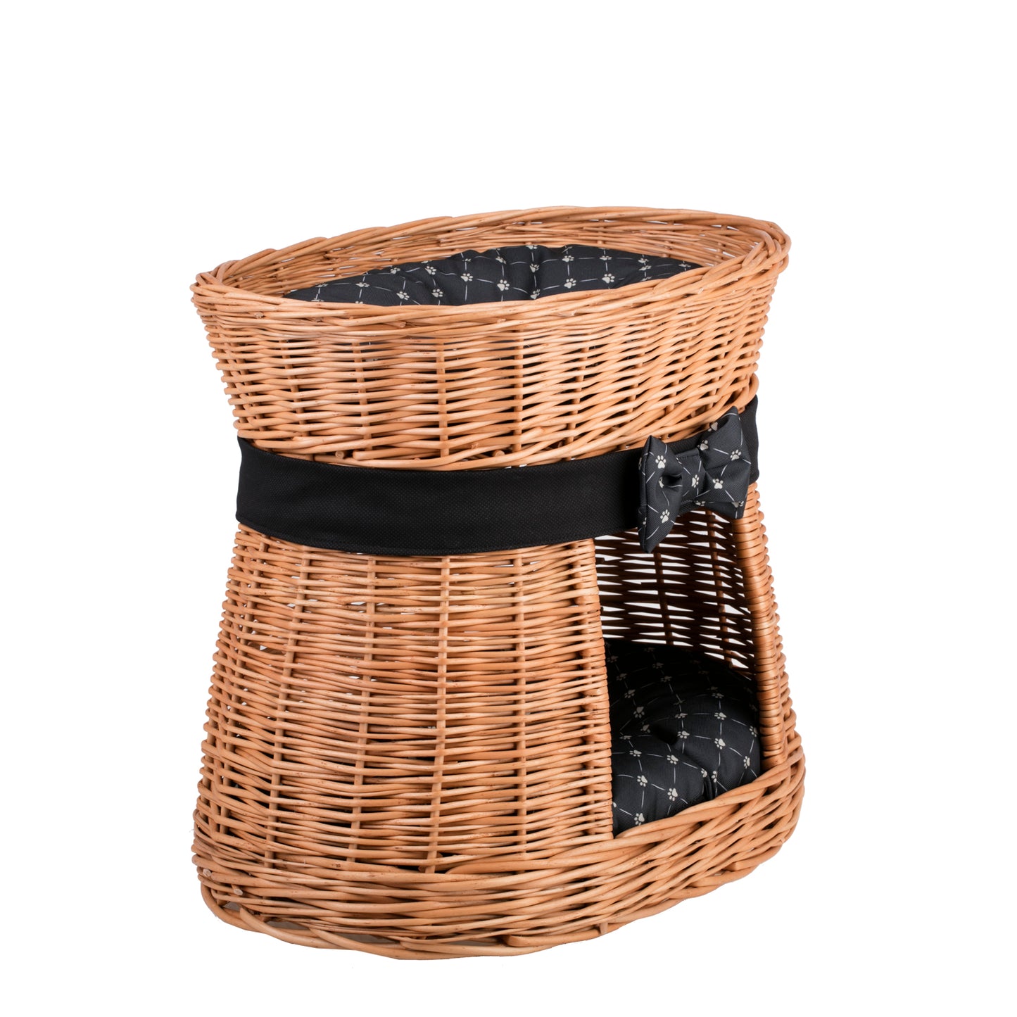Erif tweelaags rieten kattenhuis met zwarte kussens en strik