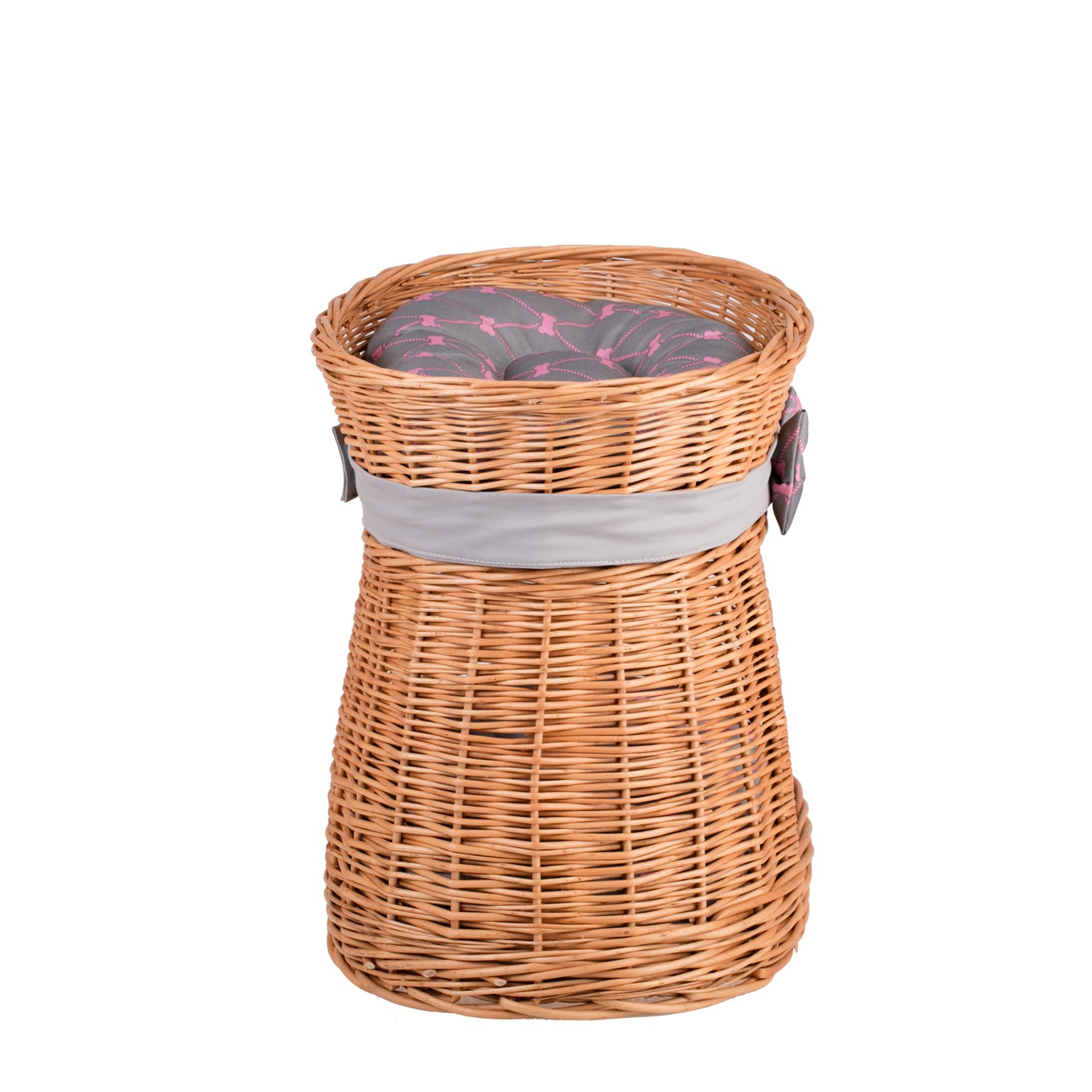 Erif rieten kattenhuis met twee niveaus, met grijze kussens en een strik