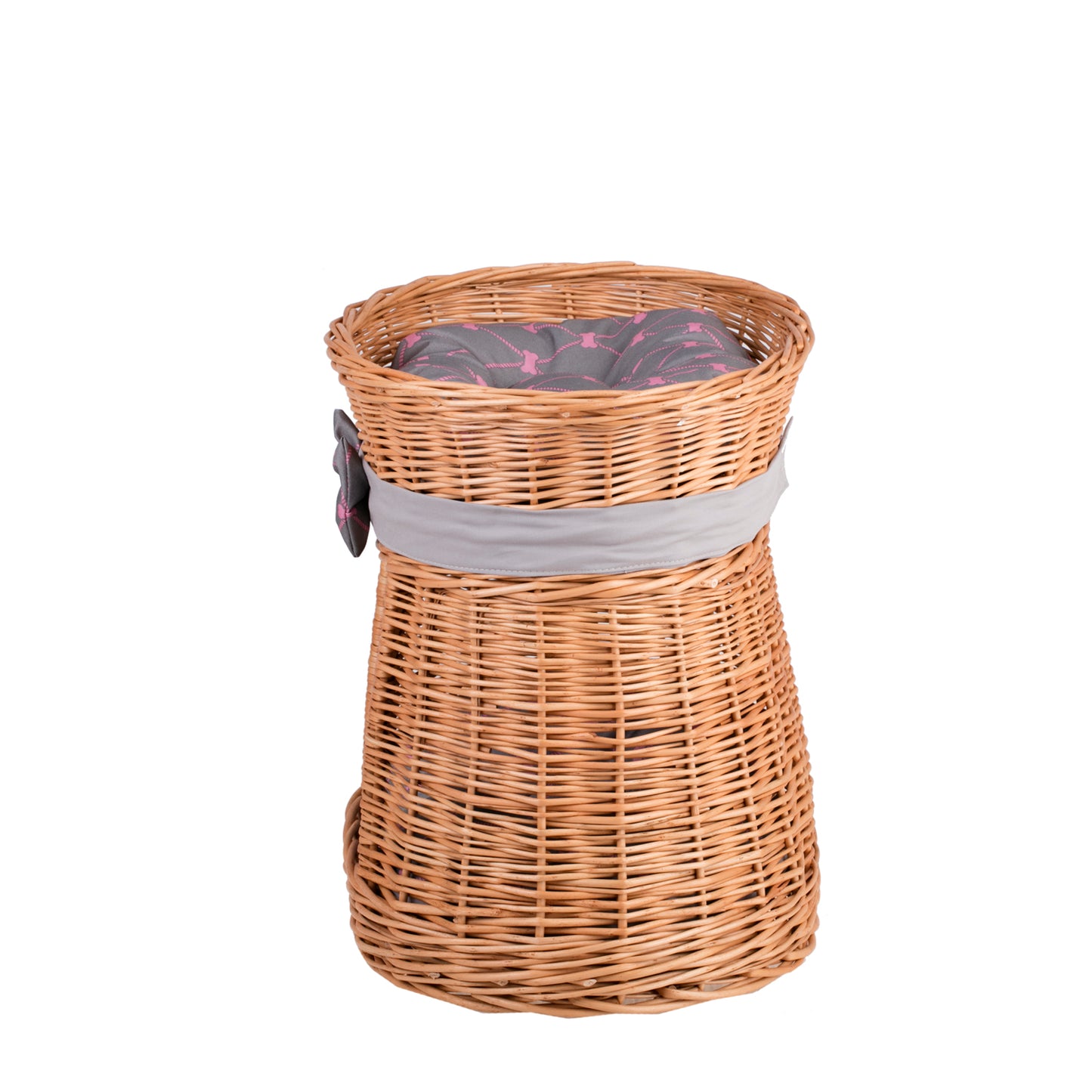 Erif rieten kattenhuis met twee niveaus, met grijze kussens en een strik