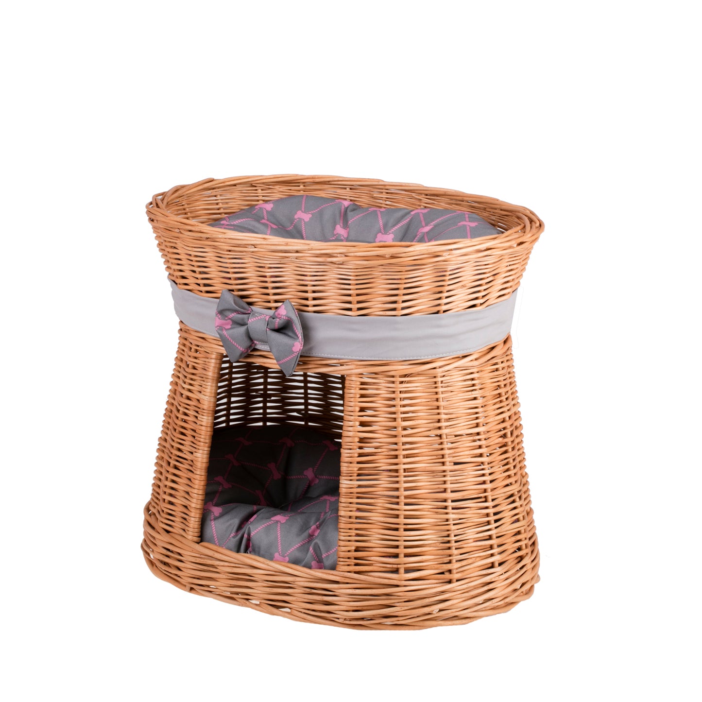 Erif wicker cat house with two levels, gray cushions and a bow TheWickerStories