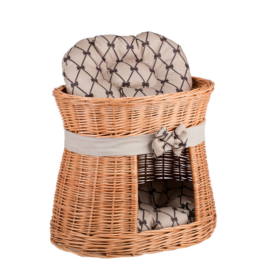 Erif wicker cat house with beige cushions and a bow, two-tier TheWickerStories