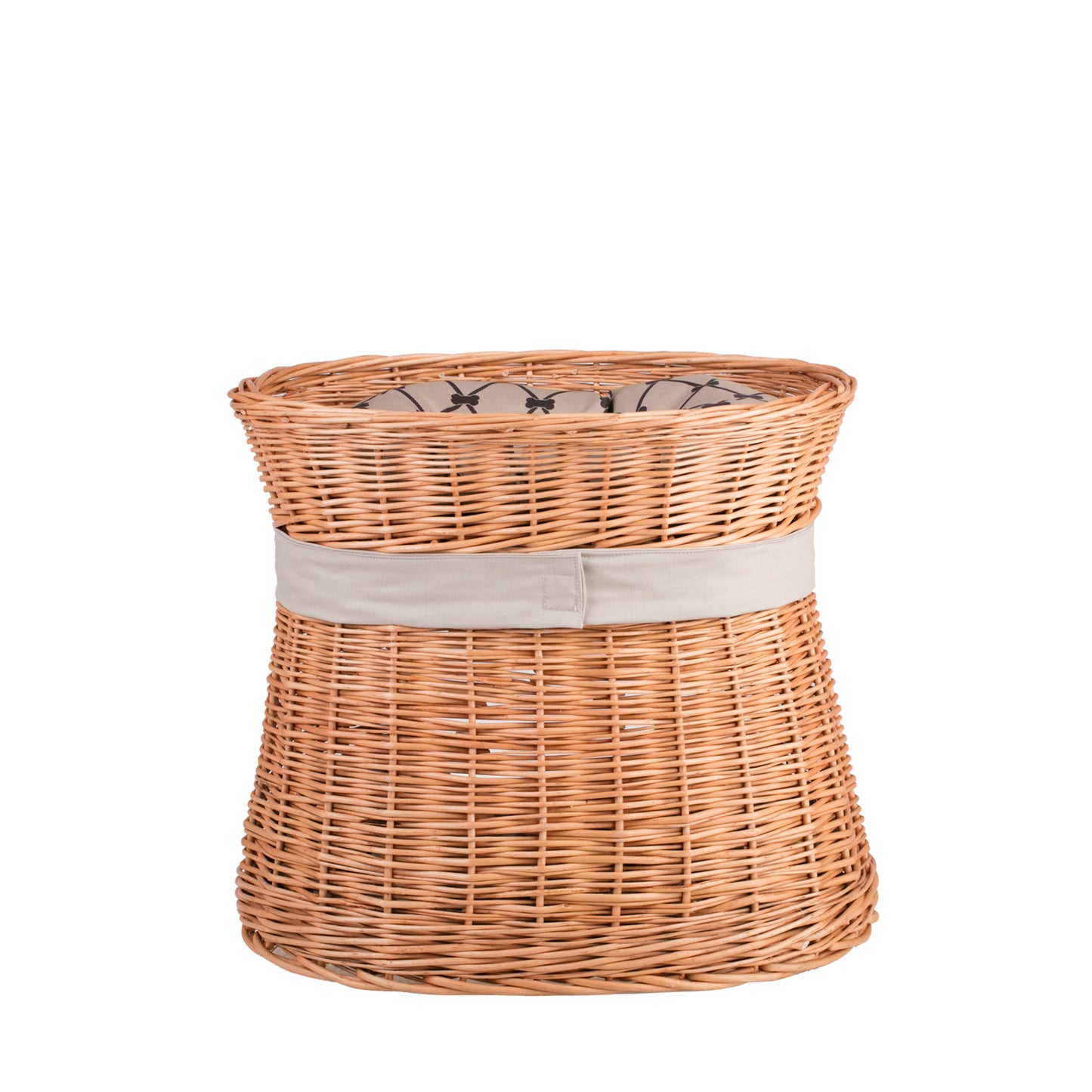 Erif gevlochten kattenhuis met beige kussens en een strik, met twee verdiepingen