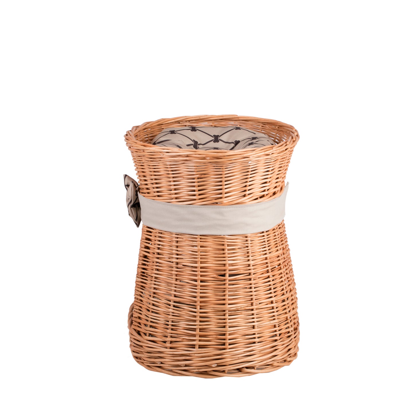 Erif gevlochten kattenhuis met beige kussens en een strik, met twee verdiepingen