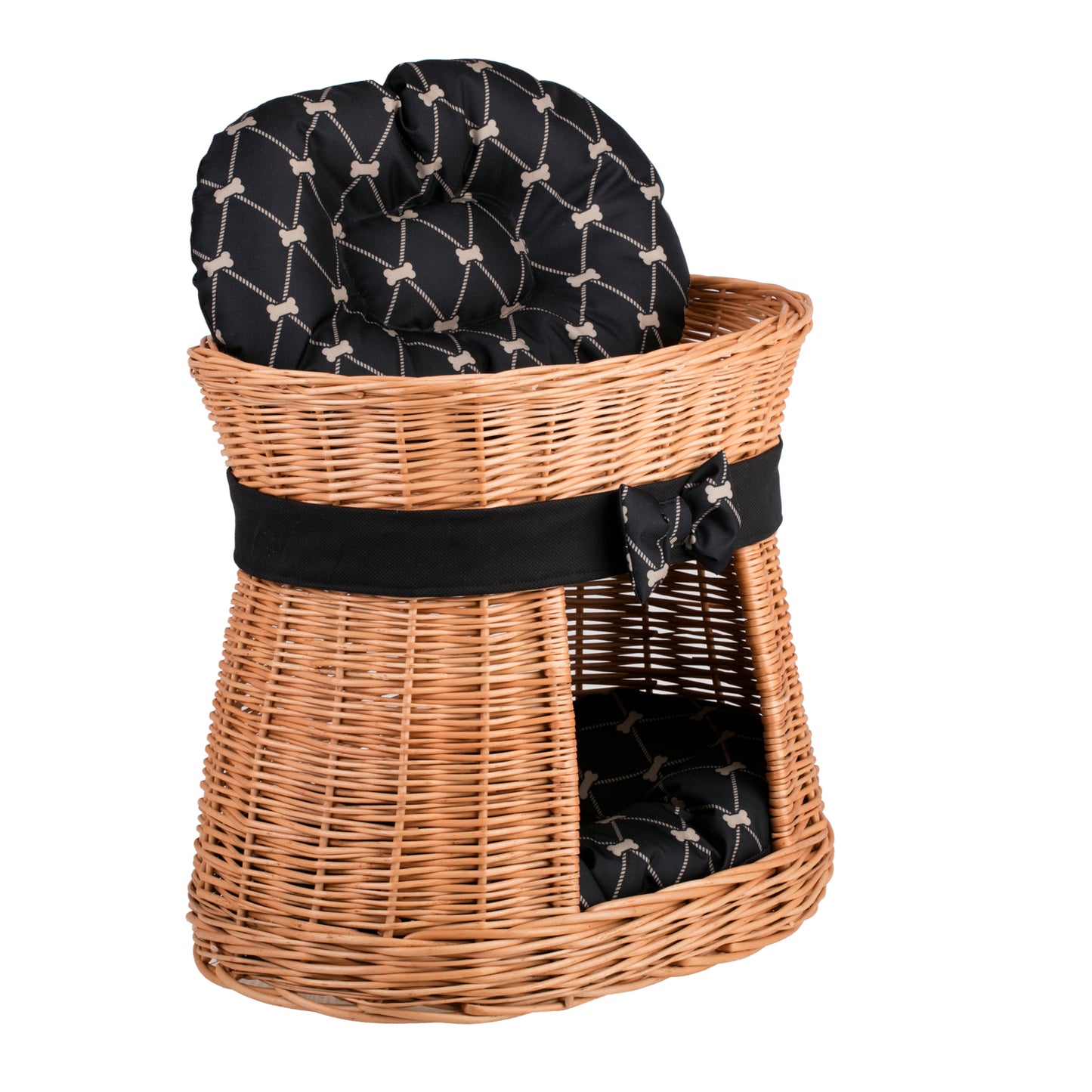 Erif rieten kattenhuis, twee niveaus, met zwarte kussens en strik