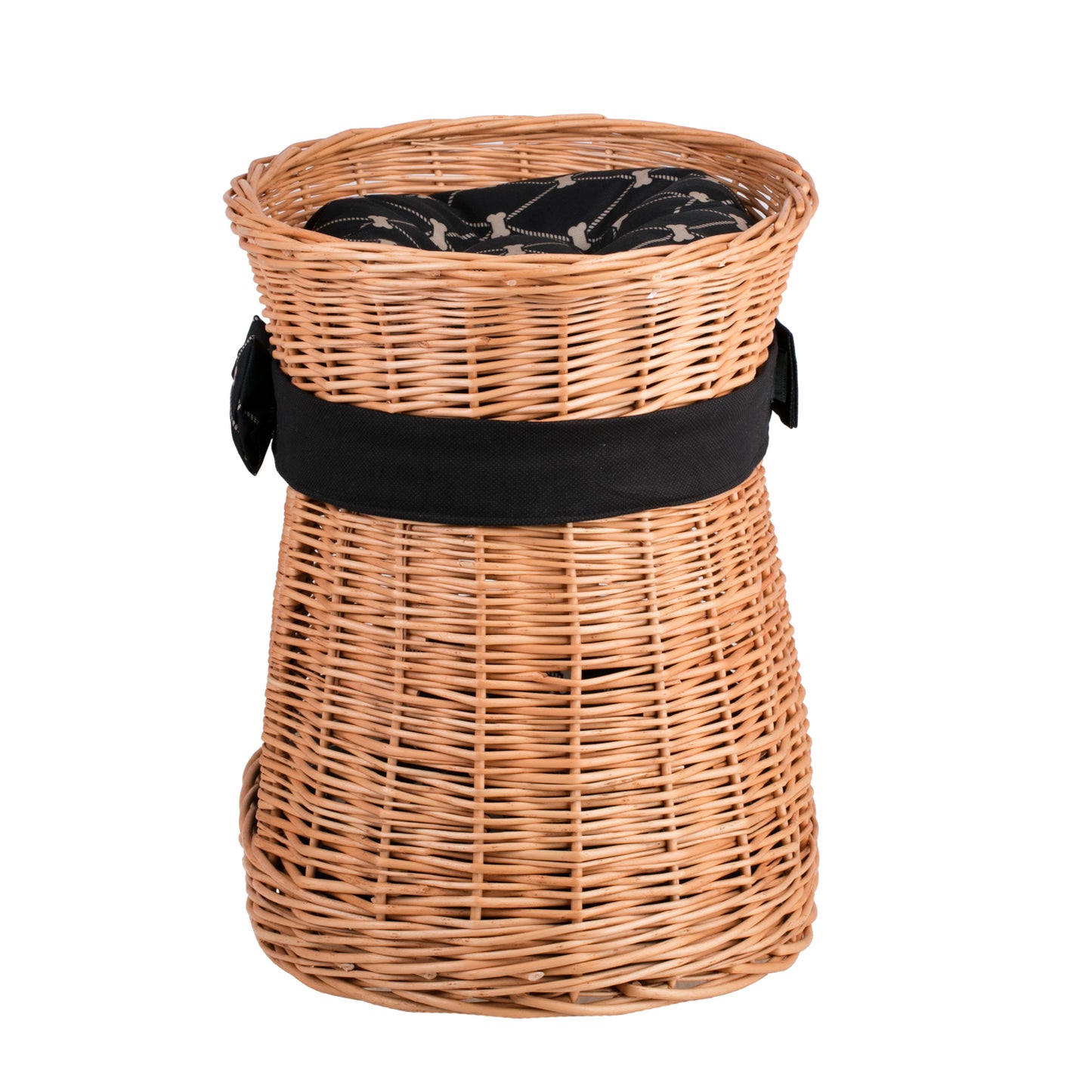 Erif rieten kattenhuis, twee niveaus, met zwarte kussens en strik