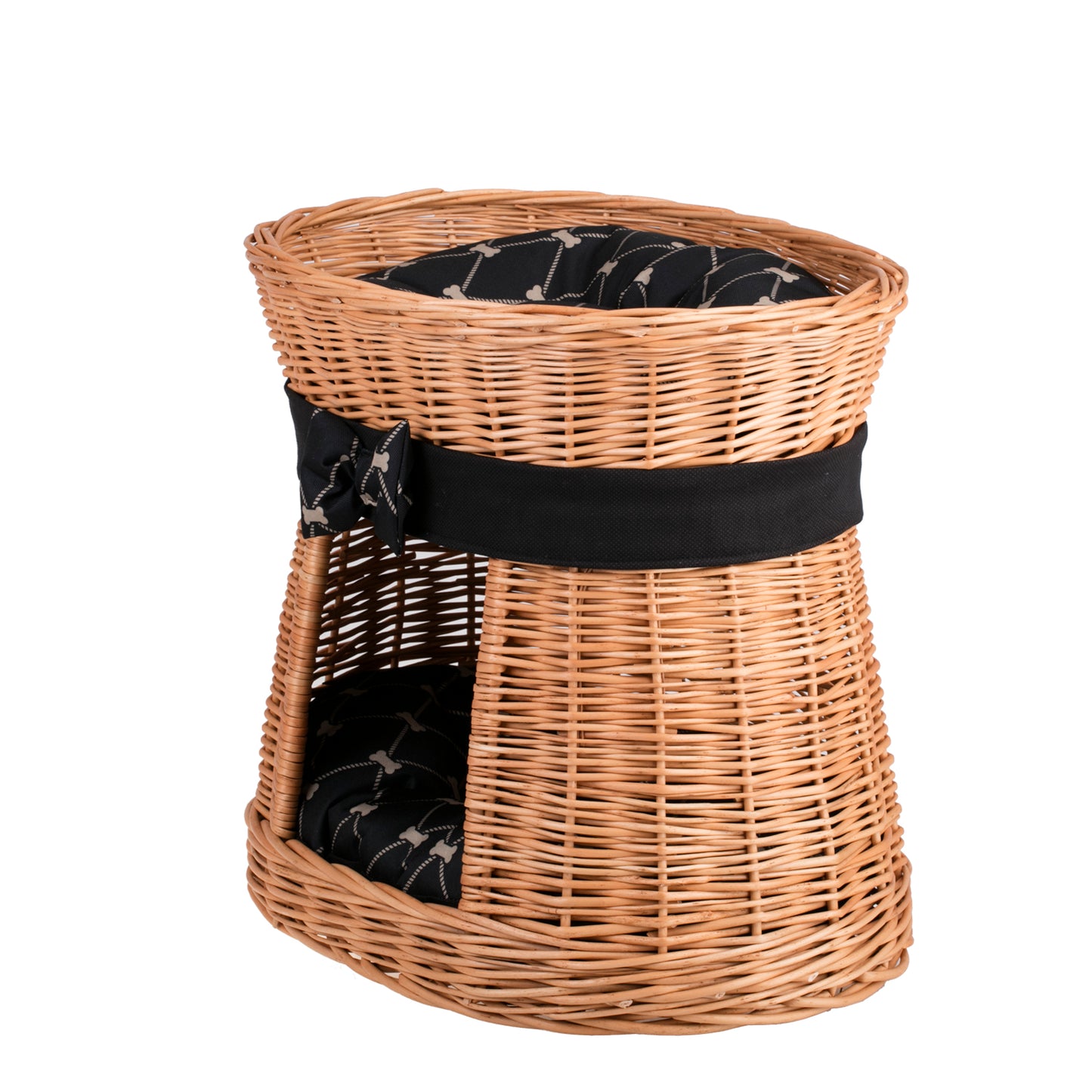 Erif rieten kattenhuis, twee niveaus, met zwarte kussens en strik