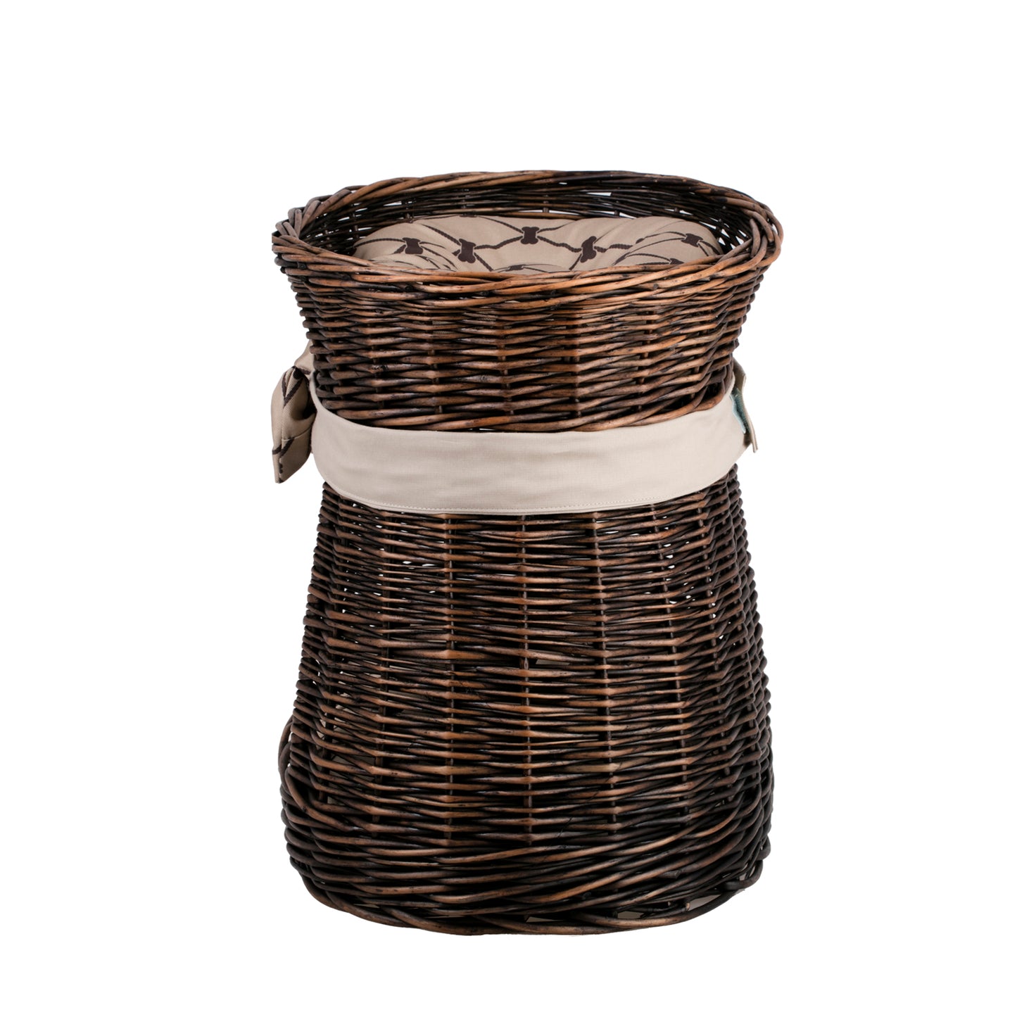 Erif gevlochten rieten kattenhuis op twee verdiepingen met beige rand, twee kussens en een strik