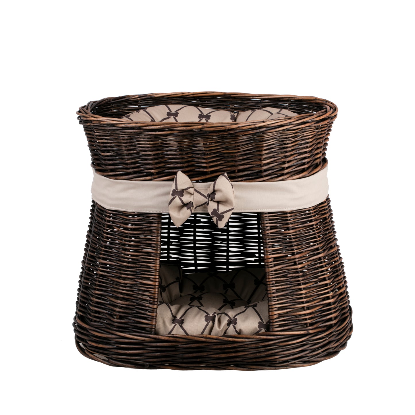 Erif gevlochten rieten kattenhuis op twee verdiepingen met beige rand, twee kussens en een strik