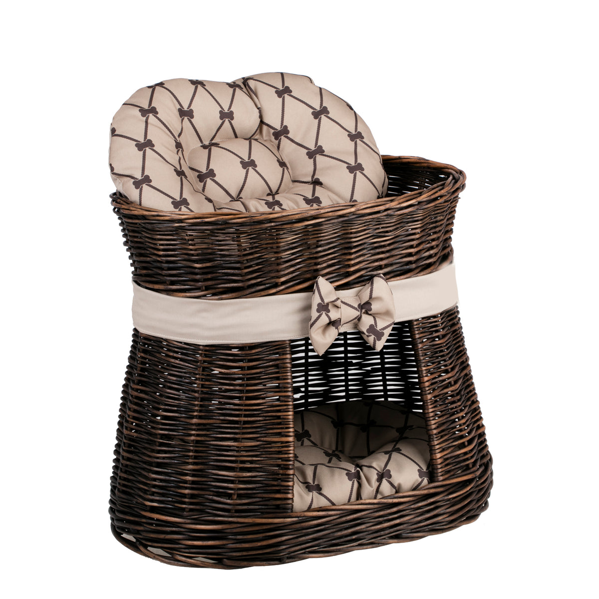 Erif gevlochten rieten kattenhuis op twee verdiepingen met beige rand, twee kussens en een strik TheWickerStories