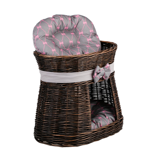Erif wicker two-tier cat house with gray cushions and a decorative bow TheWickerStories