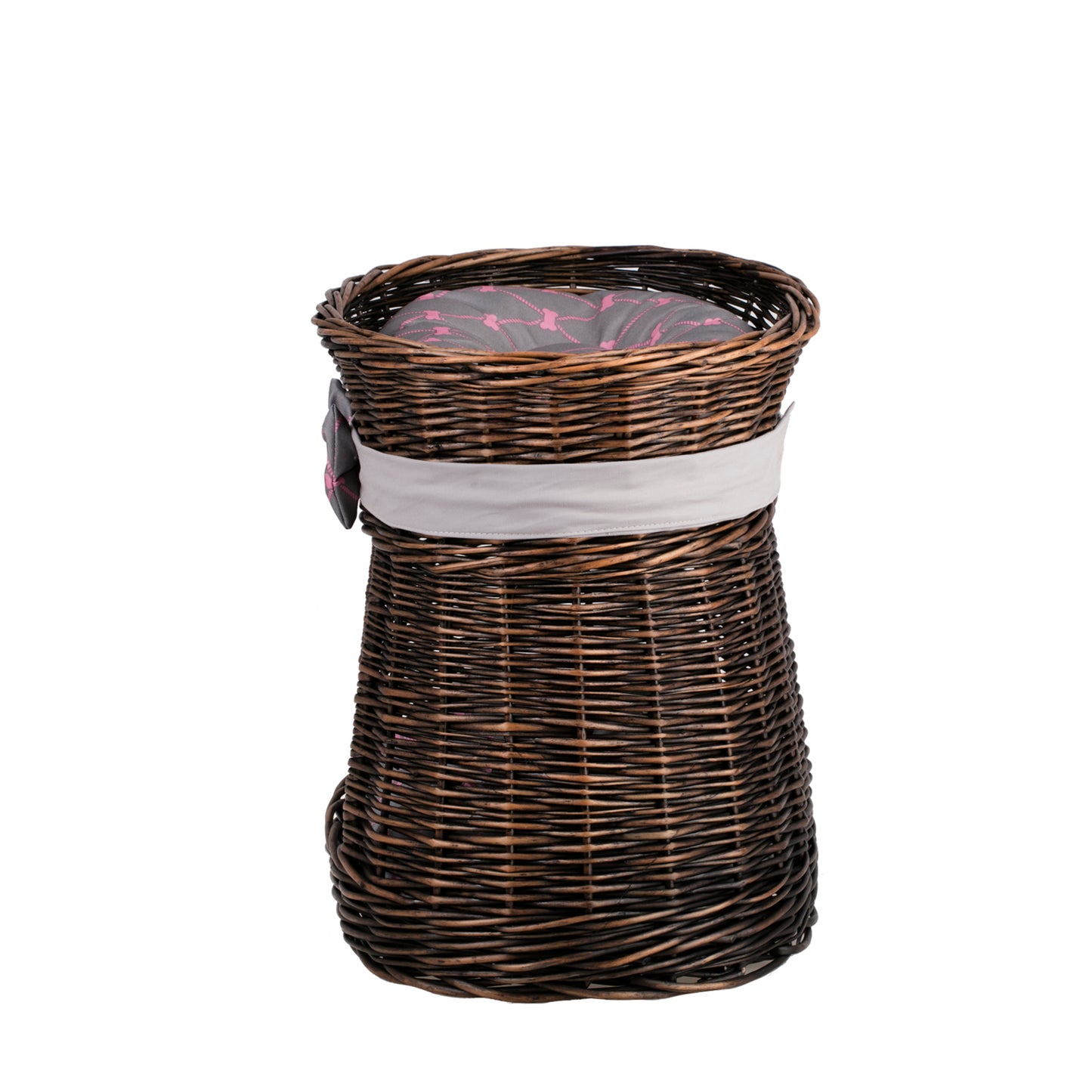 Erif wicker two-tier cat house with gray cushions and a decorative bow TheWickerStories