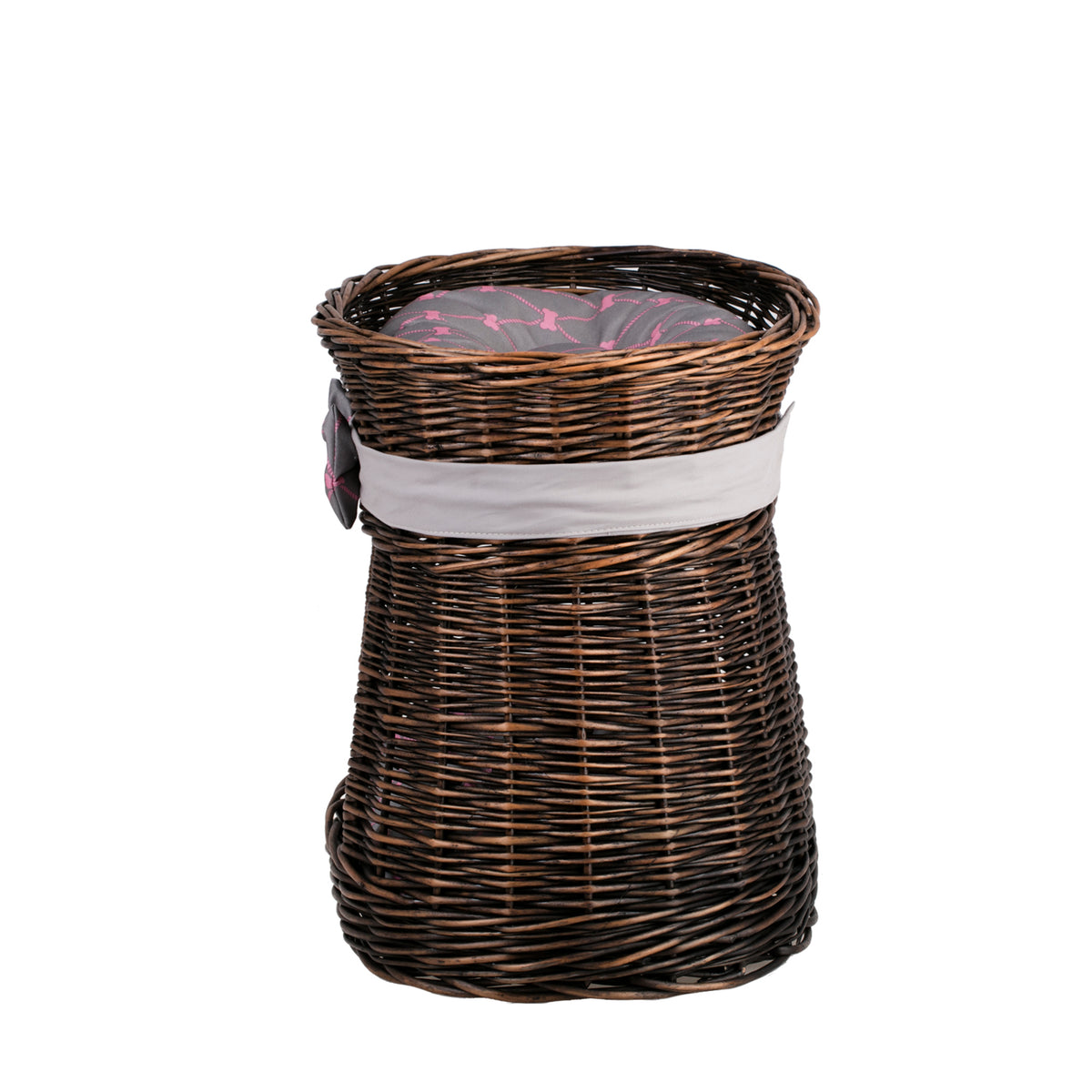Erif gevlochten, tweelaags kattenhuis met grijze kussens en een decoratieve strik TheWickerStories