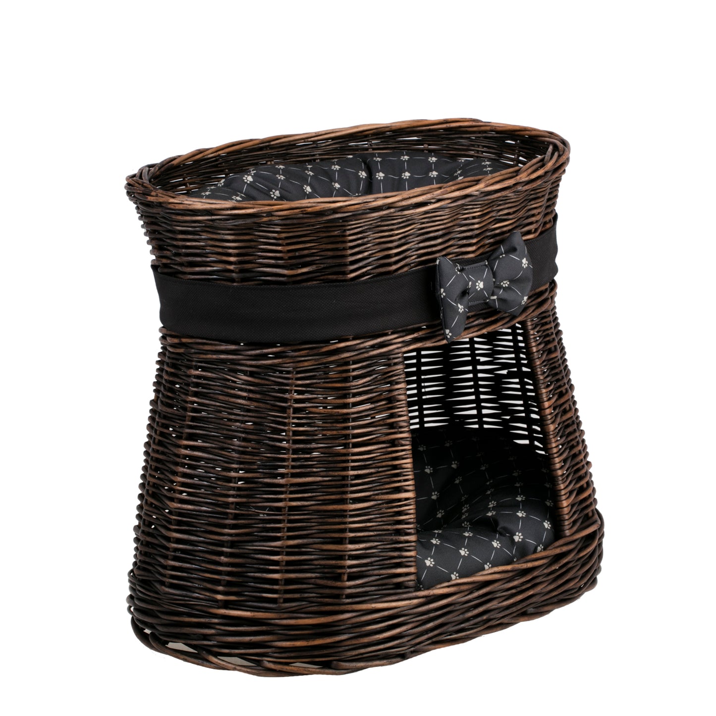 Erif gevlochten kattenhuis van wilg met twee verdiepingen, met kussens en een strik