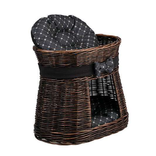 Erif wicker cat house with two levels, with cushions and a bow TheWickerStories