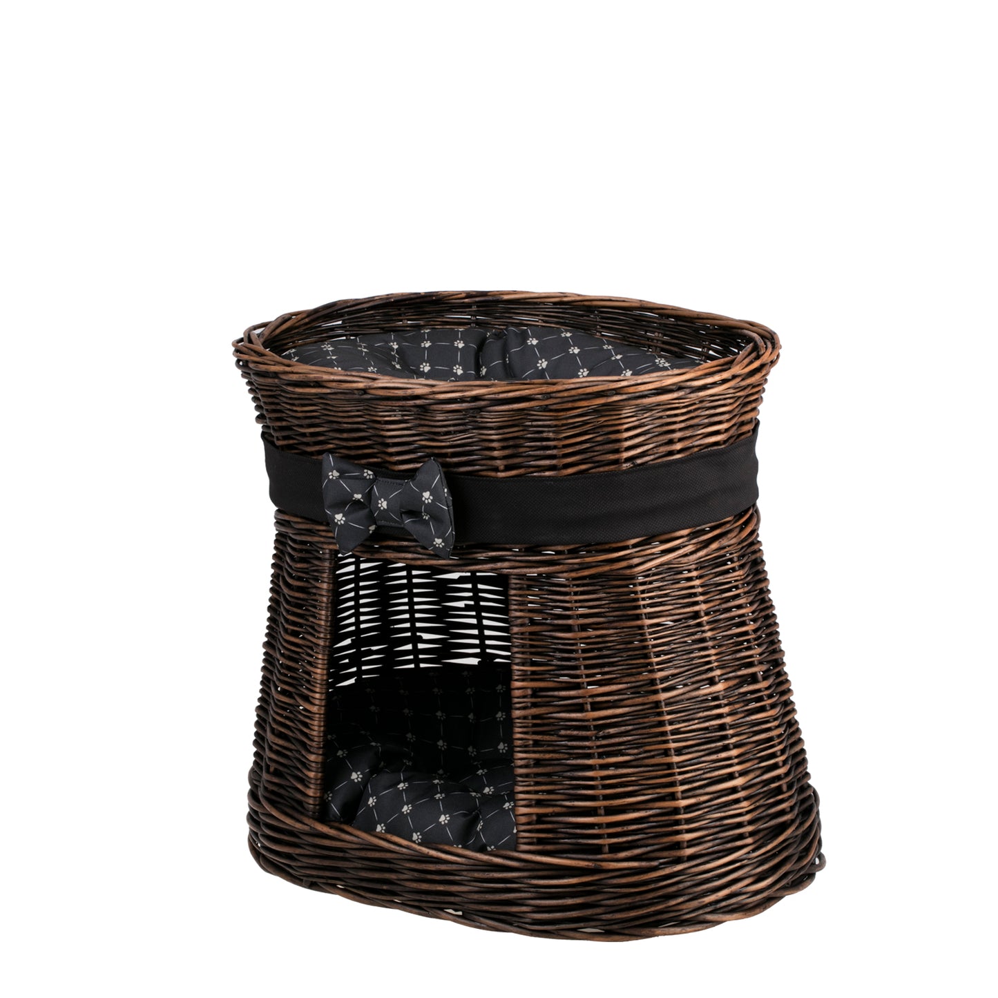 Erif wicker cat house with two levels, with cushions and a bow TheWickerStories