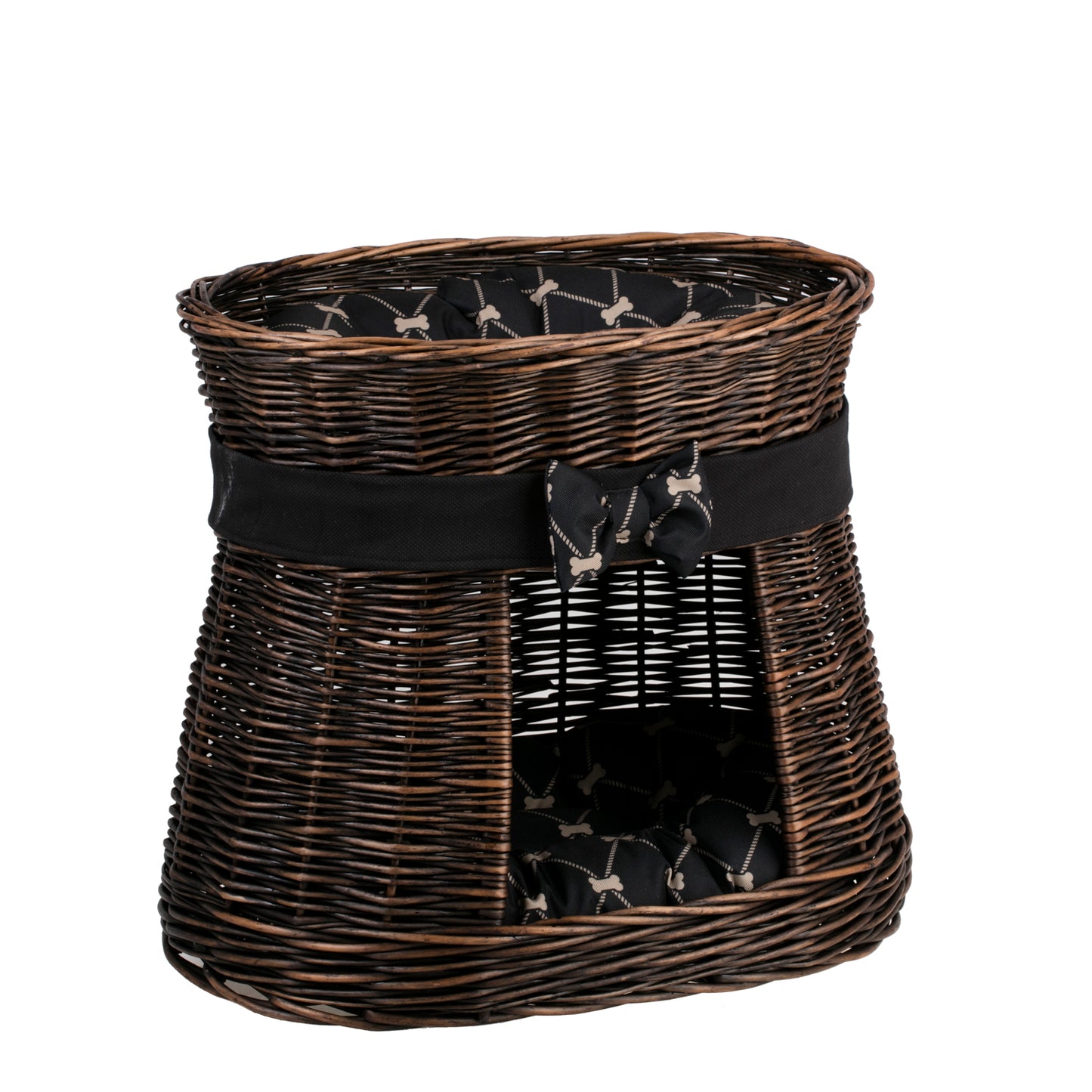 Erif rieten kattenhuis met zwarte bies, met twee kussens en een strik