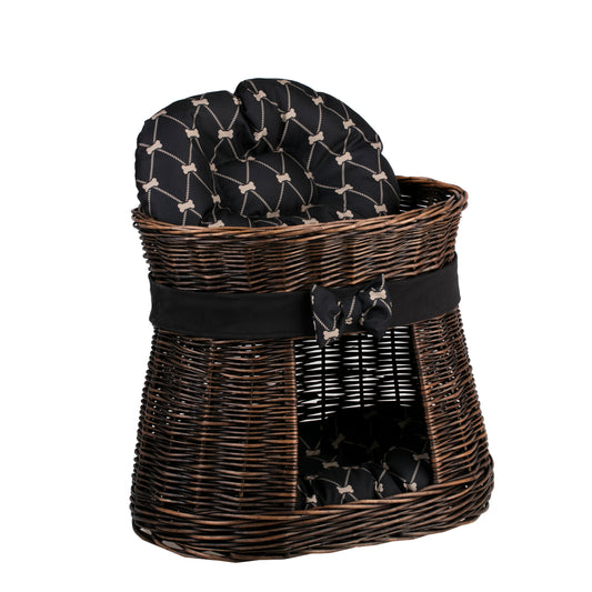 Erif wicker cat house with black trim, two cushions and a bow TheWickerStories