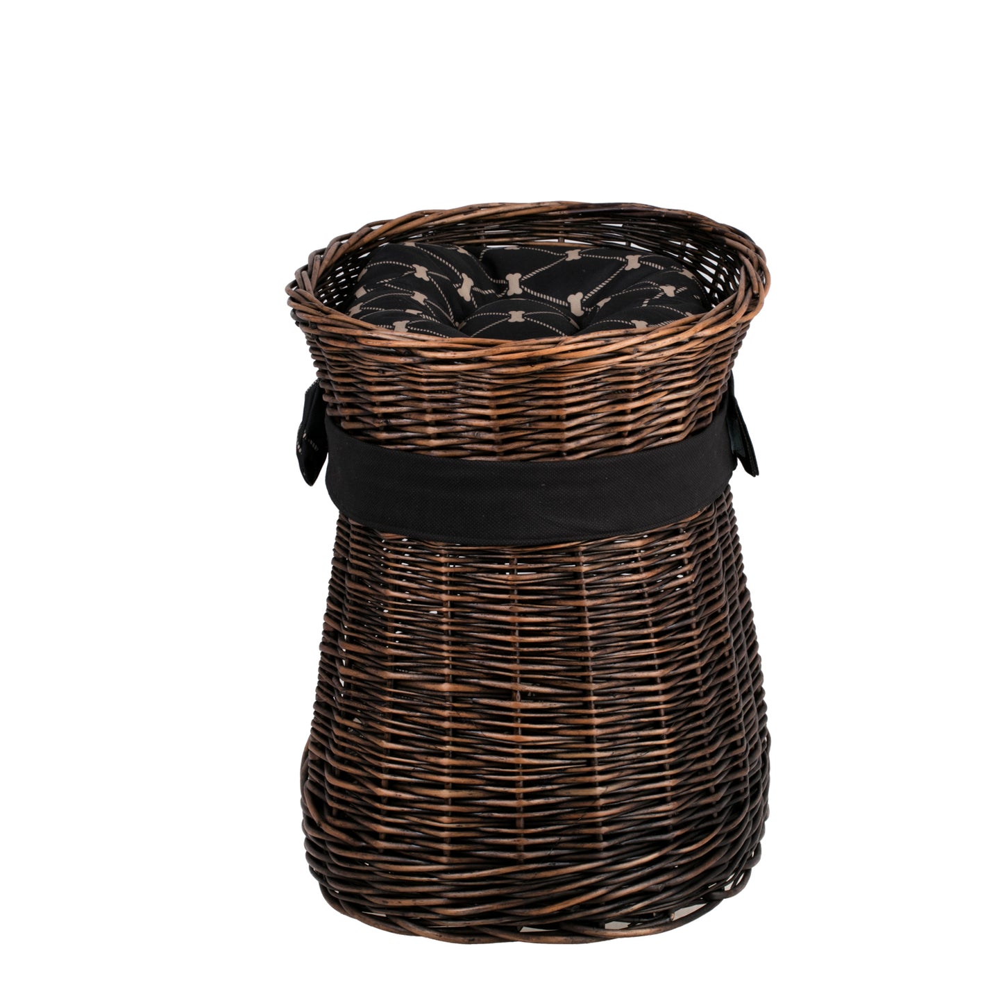 Erif rieten kattenhuis met zwarte bies, met twee kussens en een strik