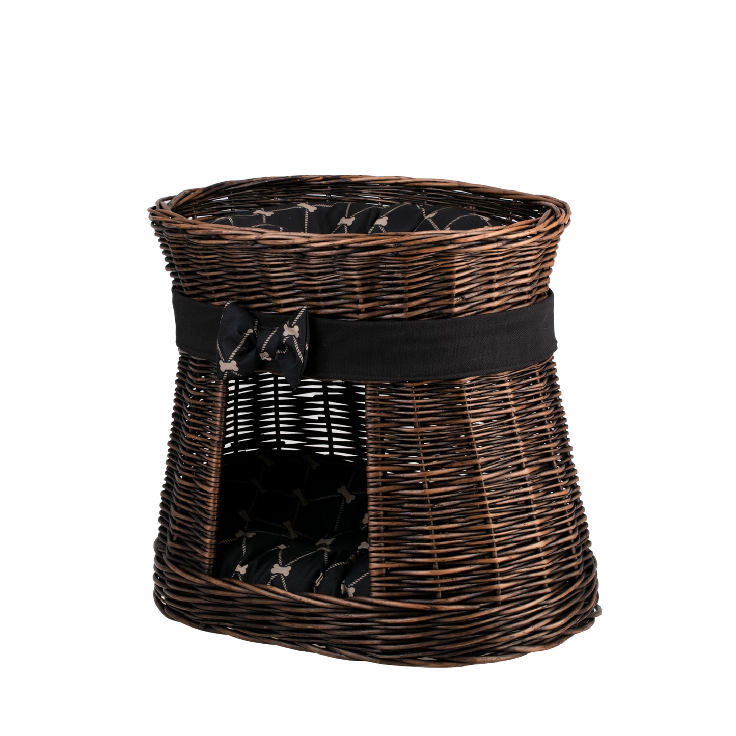 Erif rieten kattenhuis met zwarte bies, met twee kussens en een strik