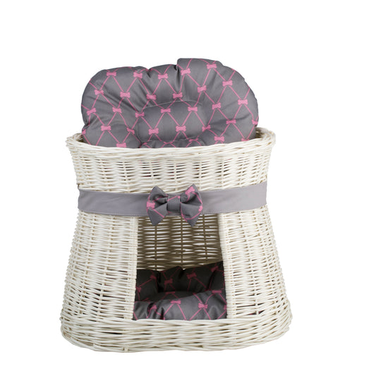 Erif wicker cat house with cushions and bow, two-tier TheWickerStories