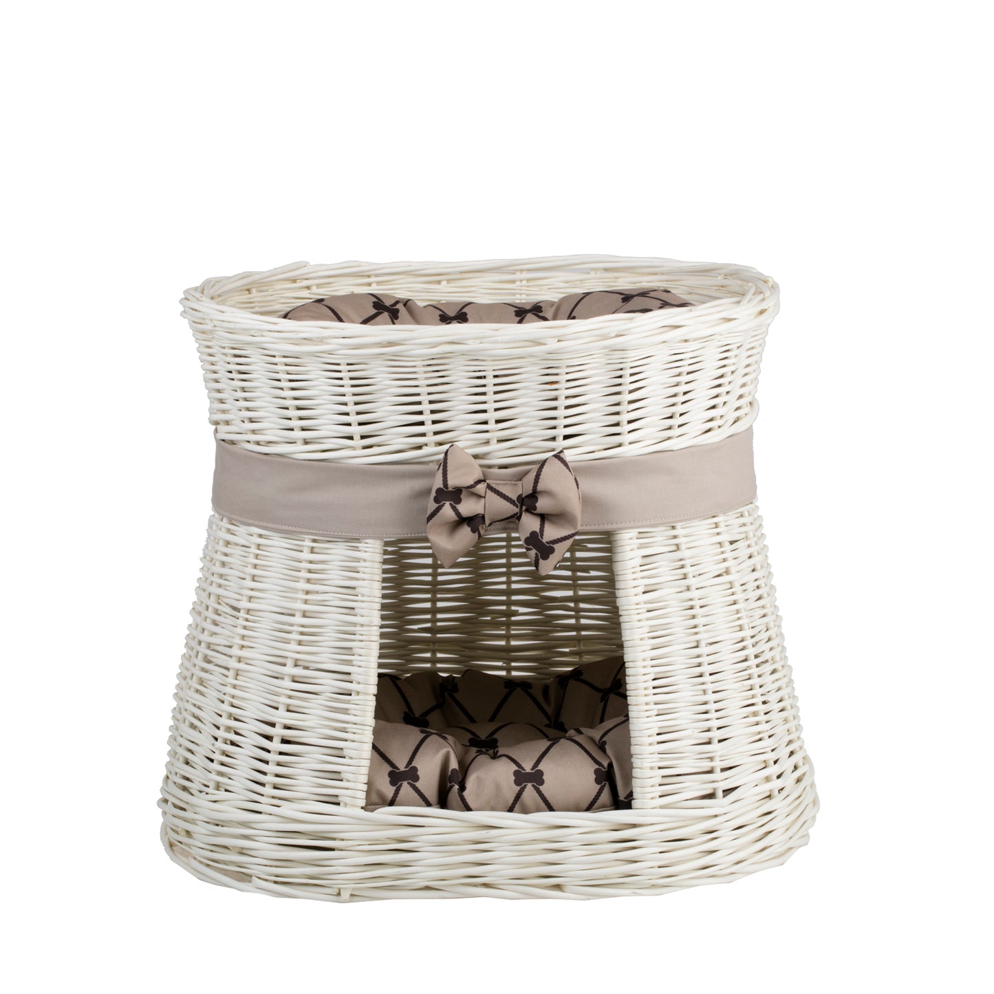 Erif rieten kattenhuis met twee verdiepingen, met beige kussens en een strik