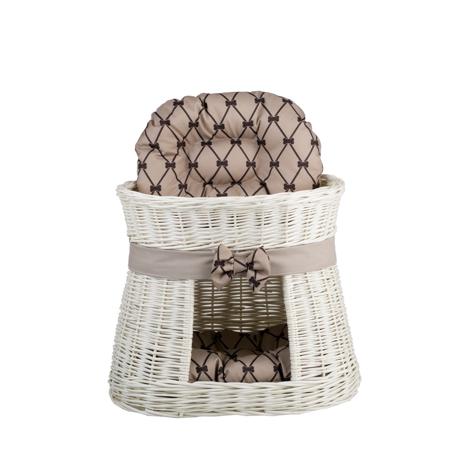 Erif rieten kattenhuis met twee verdiepingen, met beige kussens en een strik