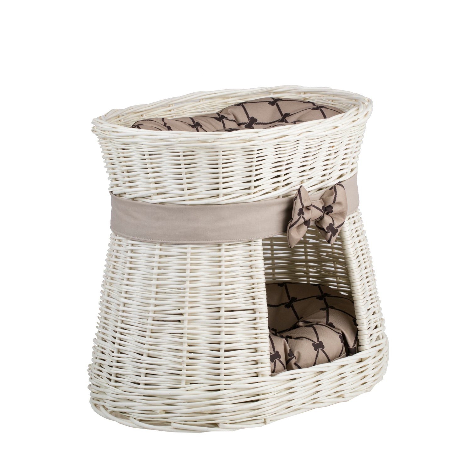 Erif rieten kattenhuis met twee verdiepingen, met beige kussens en een strik