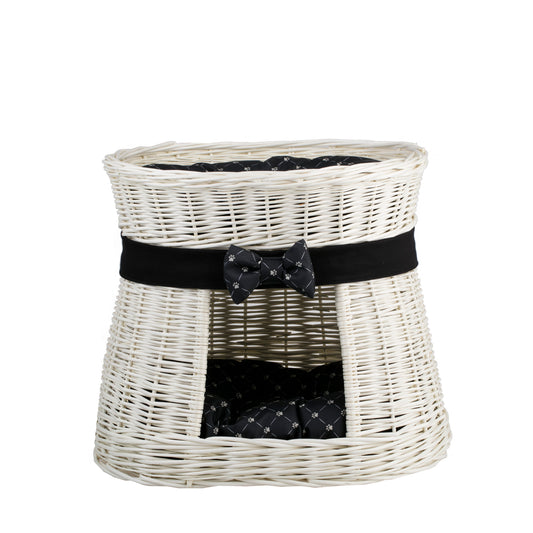 Erif two-level wicker cat house with black cushions and a bow TheWickerStories