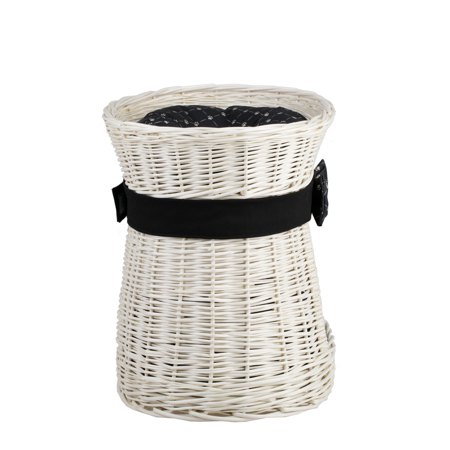 Erif rieten kattenhuis, tweelaags, met zwarte kussens en strik