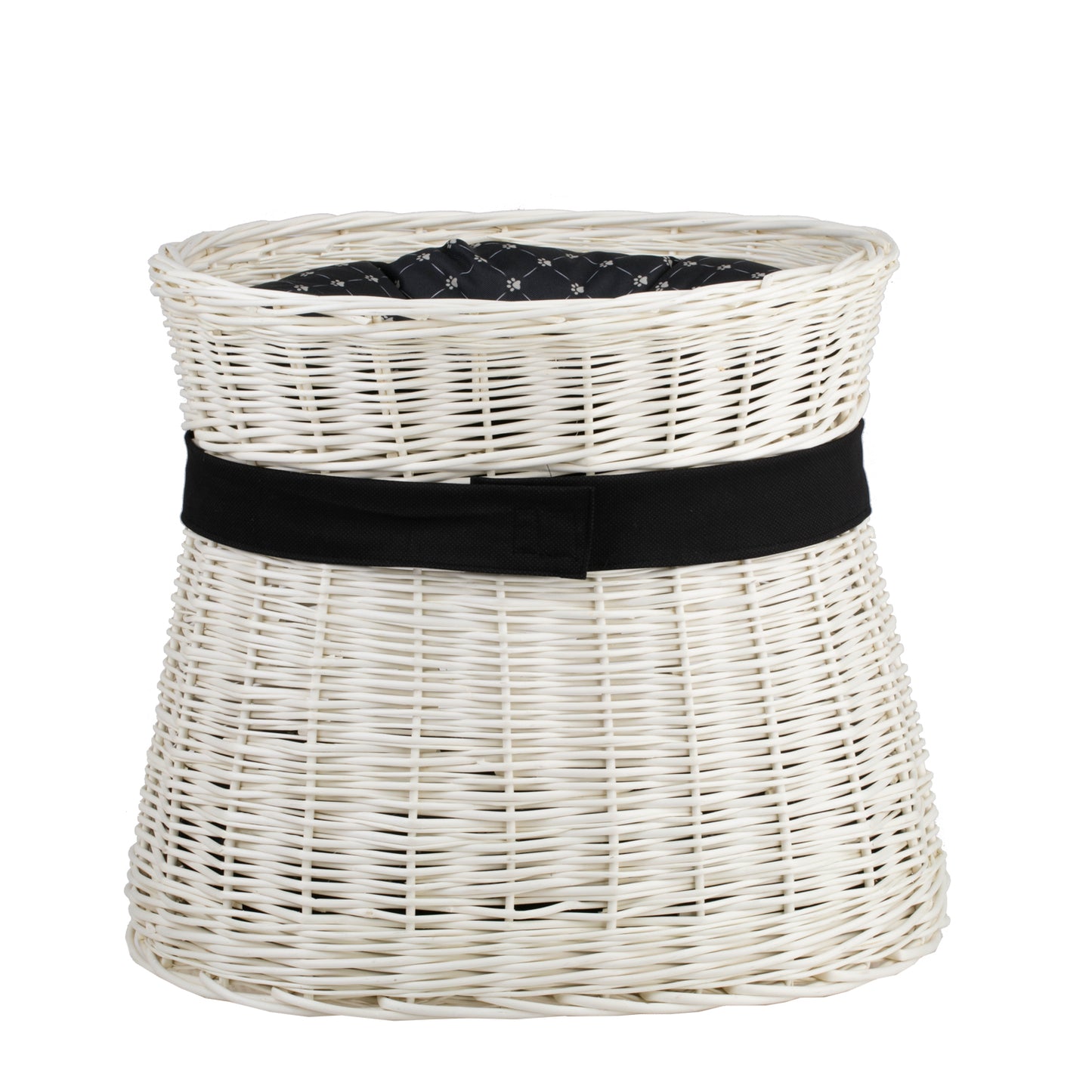 Erif rieten kattenhuis, tweelaags, met zwarte kussens en strik