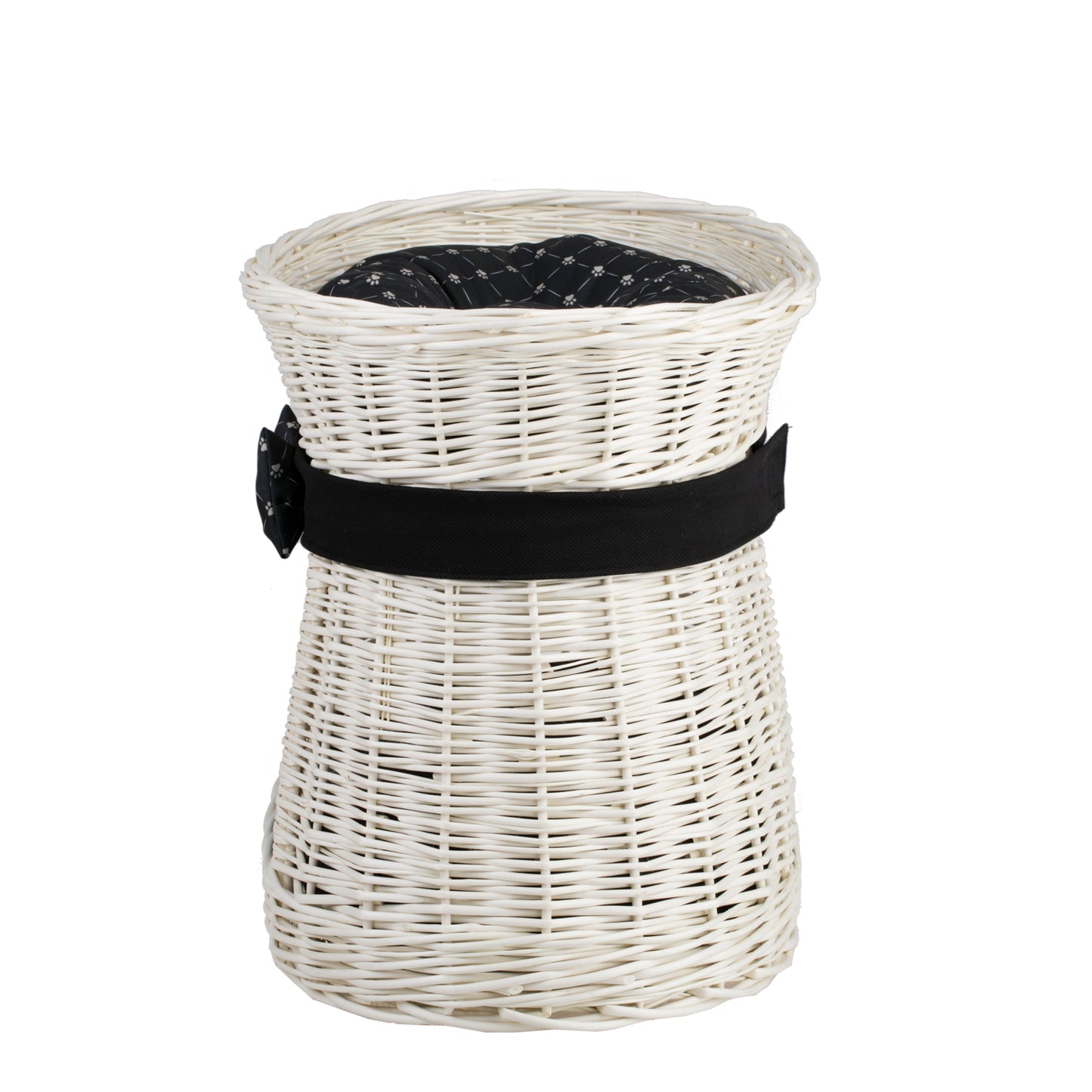 Erif rieten kattenhuis, tweelaags, met zwarte kussens en strik