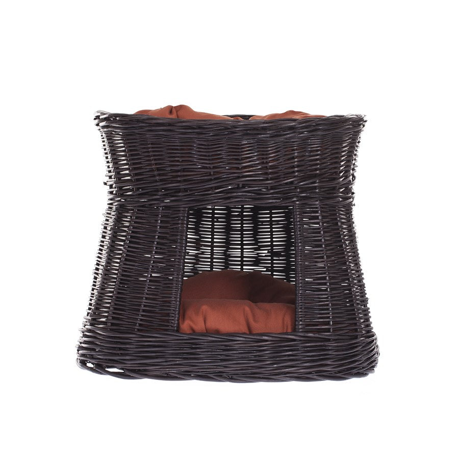 Erif rieten kattenhuis met roestkleurige kussens, twee verdiepingen