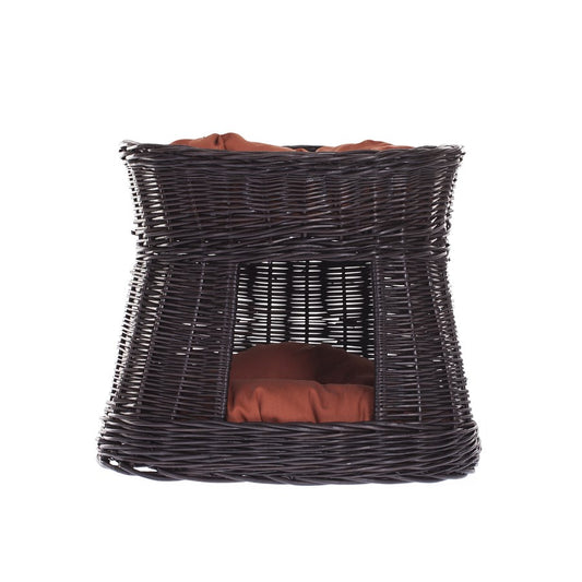 Erif wicker cat house with rust-colored cushions, two-level TheWickerStories