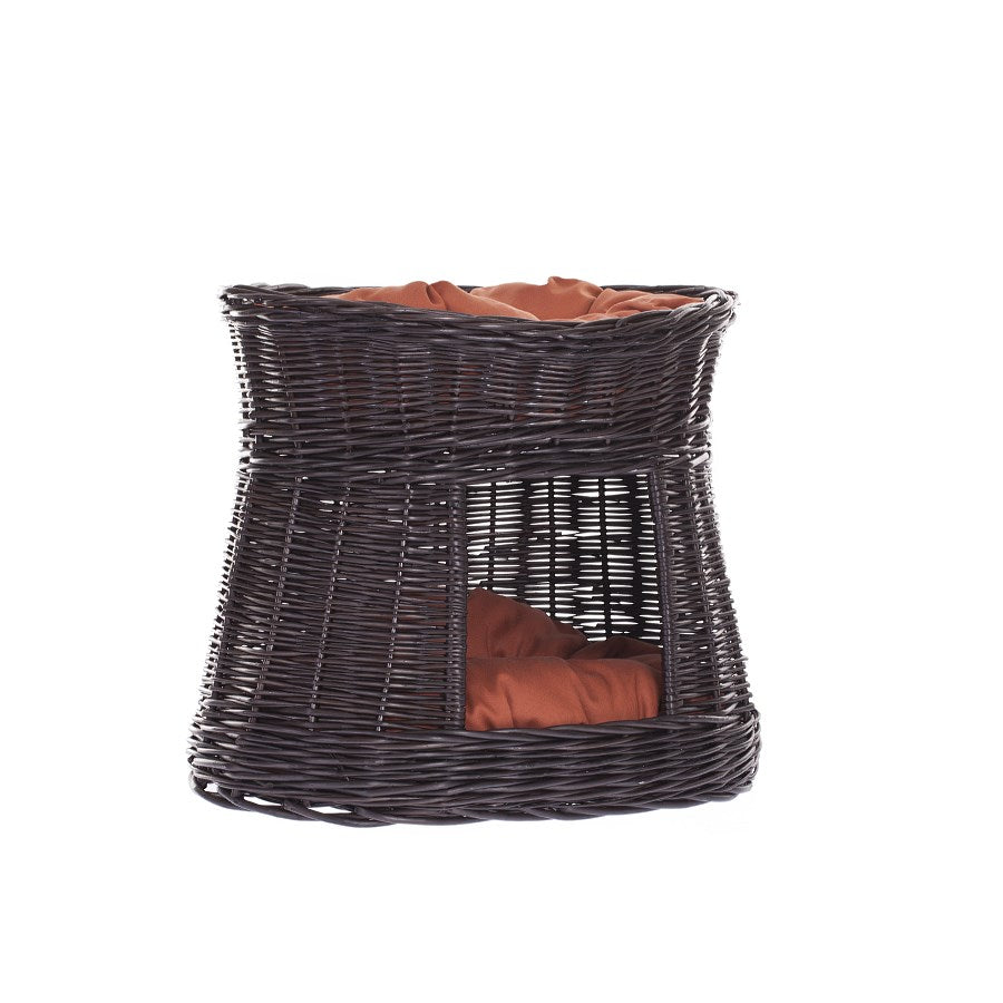 Erif rieten kattenhuis met roestkleurige kussens, twee verdiepingen