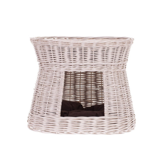 Erif two-level wicker cat house with brown cushions TheWickerStories