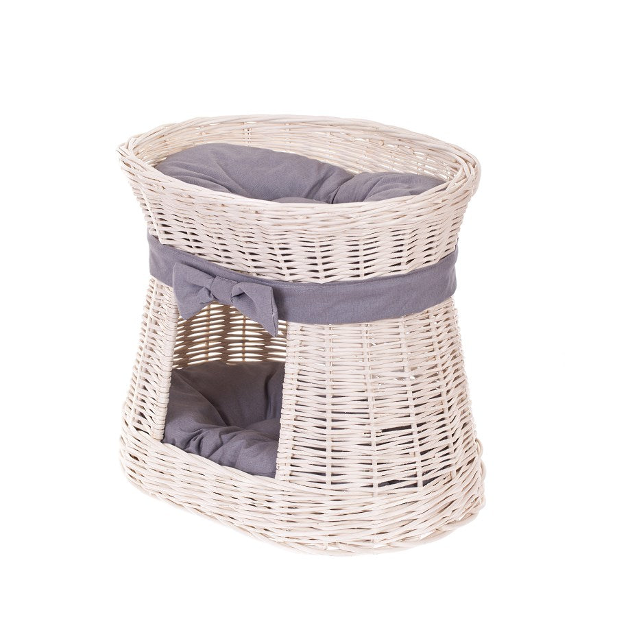 Erif two-tier wicker cat house with cushions and a bow TheWickerStories