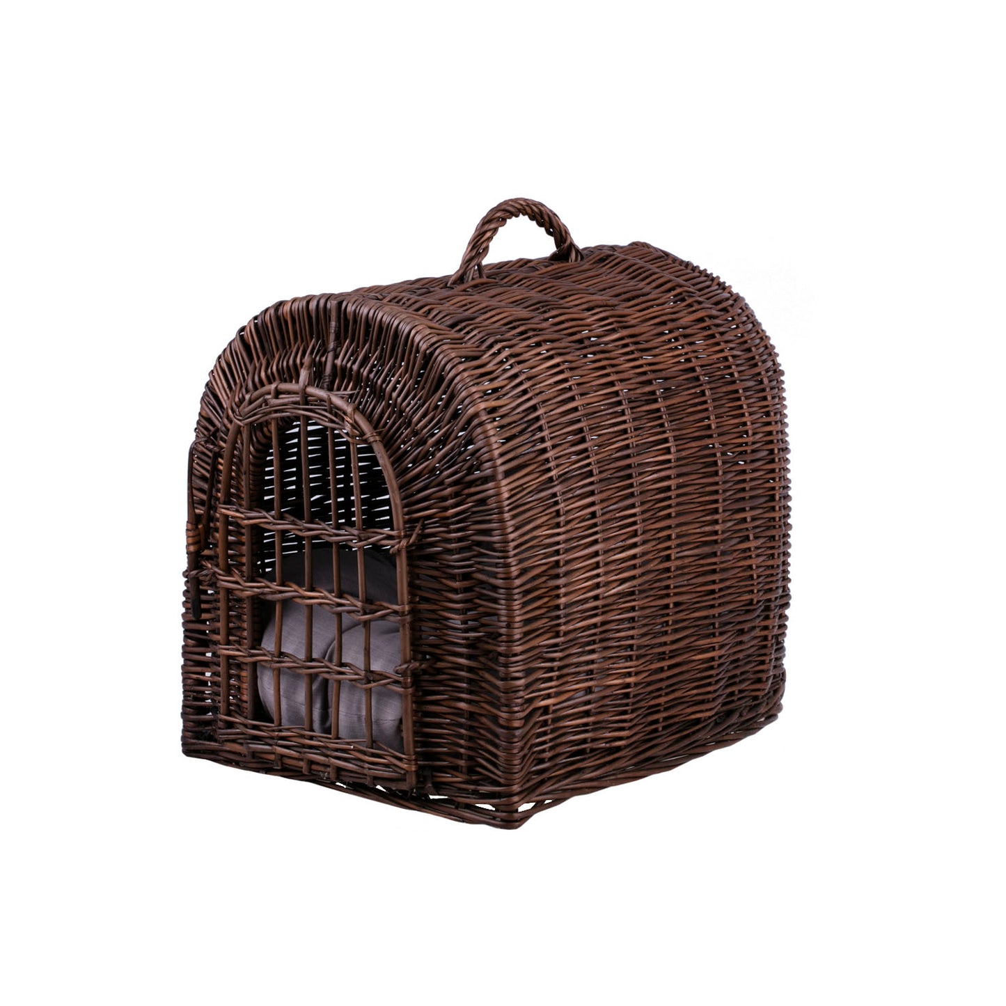 Turina panier en osier pour animaux avec coussin gris, grille et fermeture
