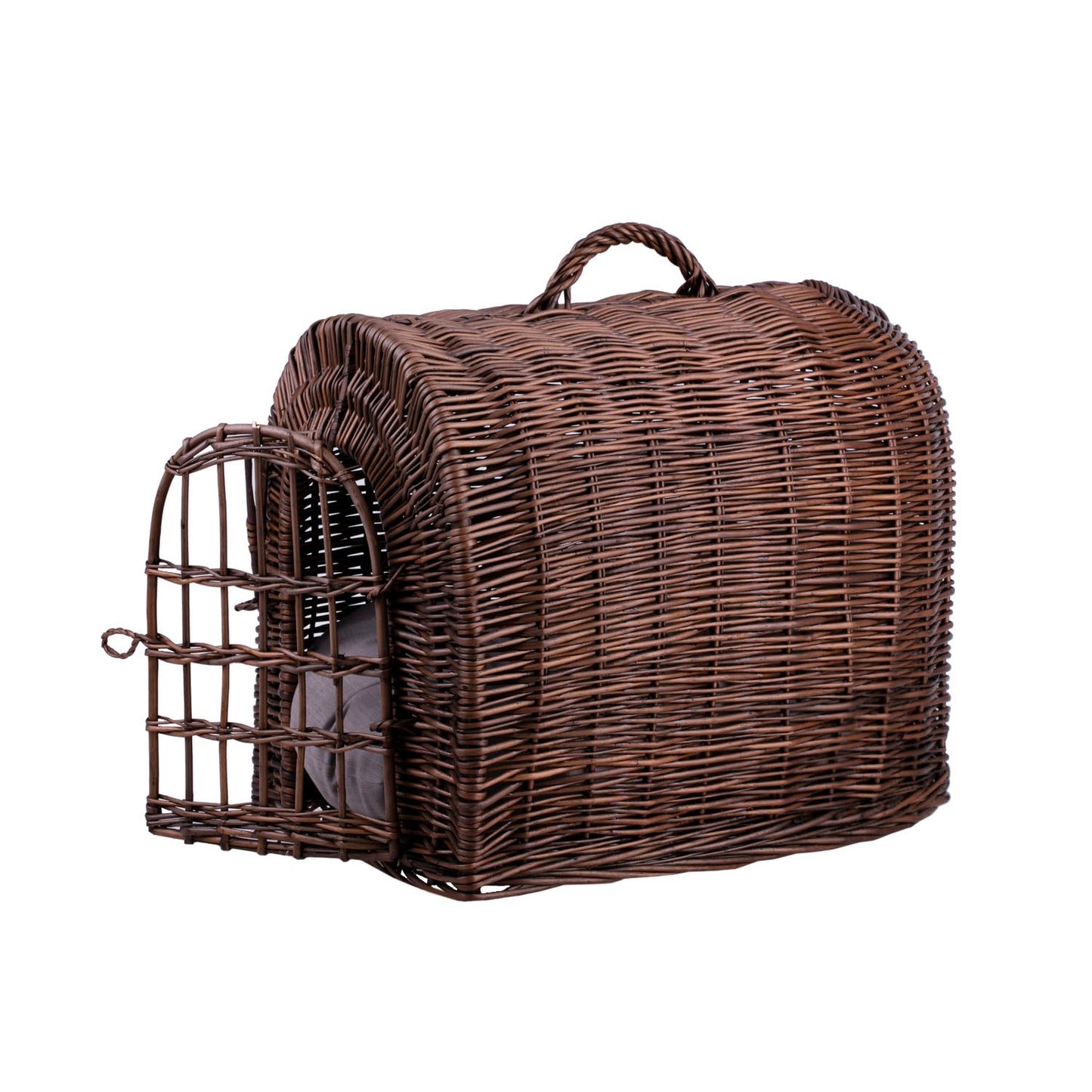 Turina wicker pet basket with grey cushion, grid and clasp TheWickerStories