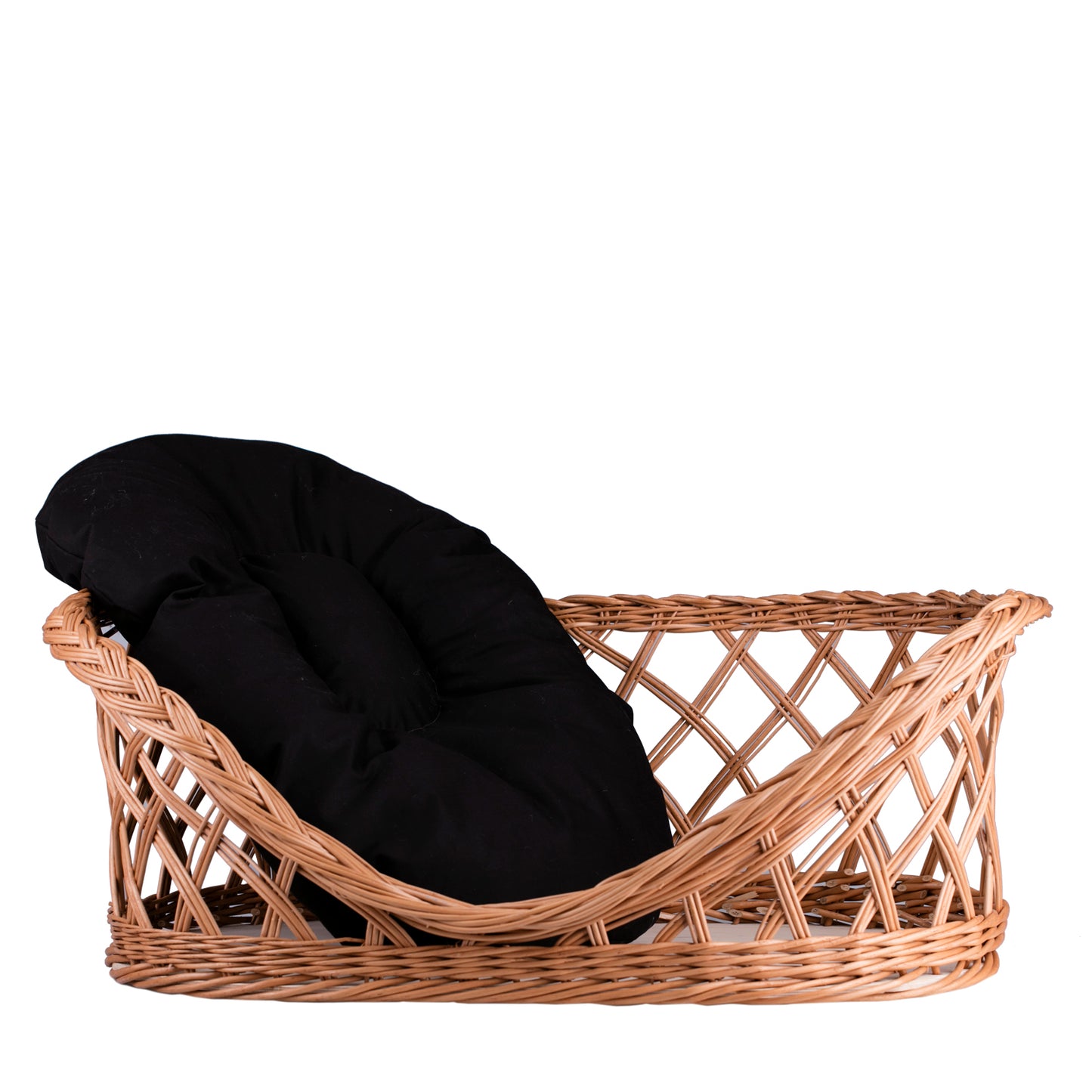 Esnoria cesto de vime para cães e gatos como cama com almofada preta e entrada baixa TheWickerStories