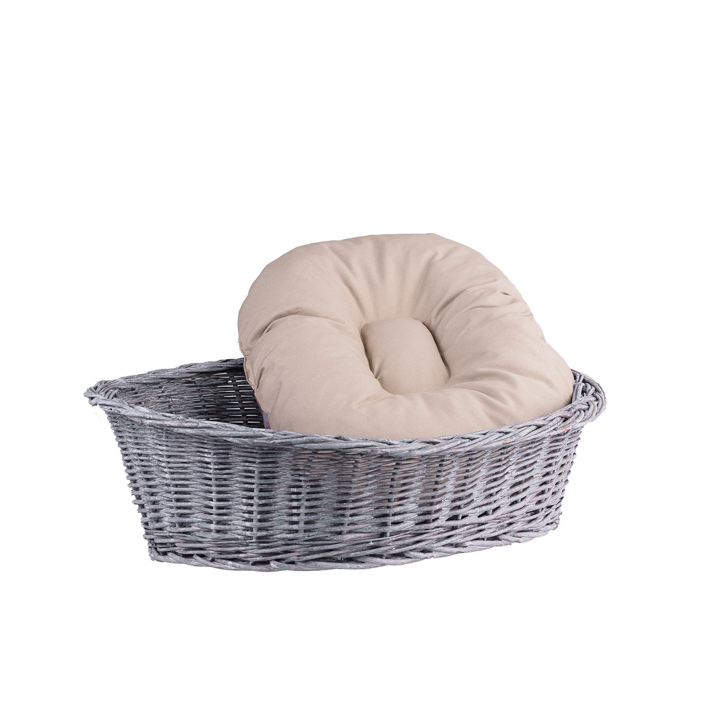 Enovia wicker pet bed for dogs and cats with cushion and low entry TheWickerStories